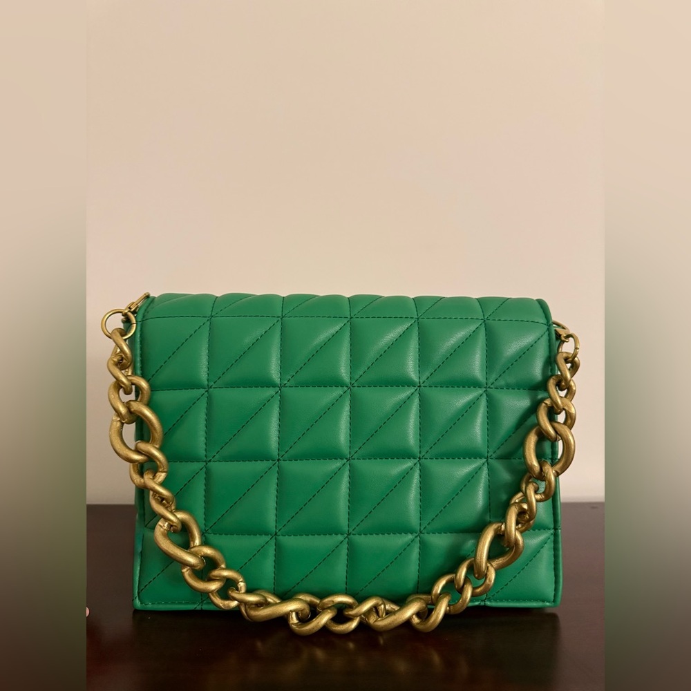 Zara Green Quilted Shoulder Bag with Gold Chain